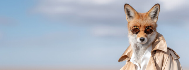 Fox with Sunglasses on Blue Sky with Clouds: Cool Looking Anthropomorphic Fox with Sunglasses and Trench Coat on Panoramic Sky Background – Conceptual Banner with Copy Space