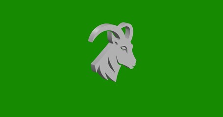 Isolated realistic white goat's head symbol front view with shadow. 3d illustration on green chroma key background