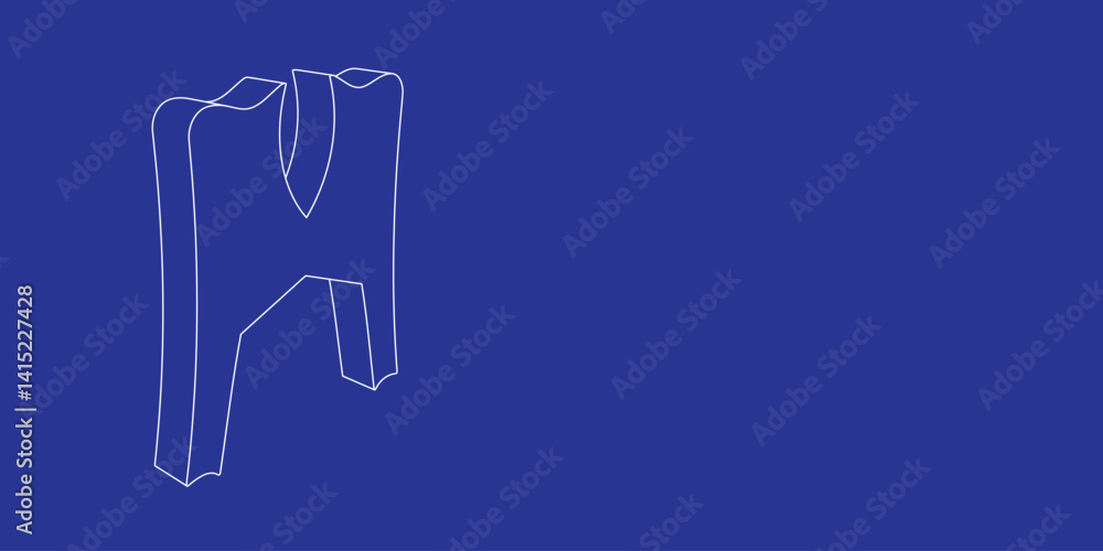 Poster the outline of a large women's jacket symbol made of white lines on the left. 3d view of the object 