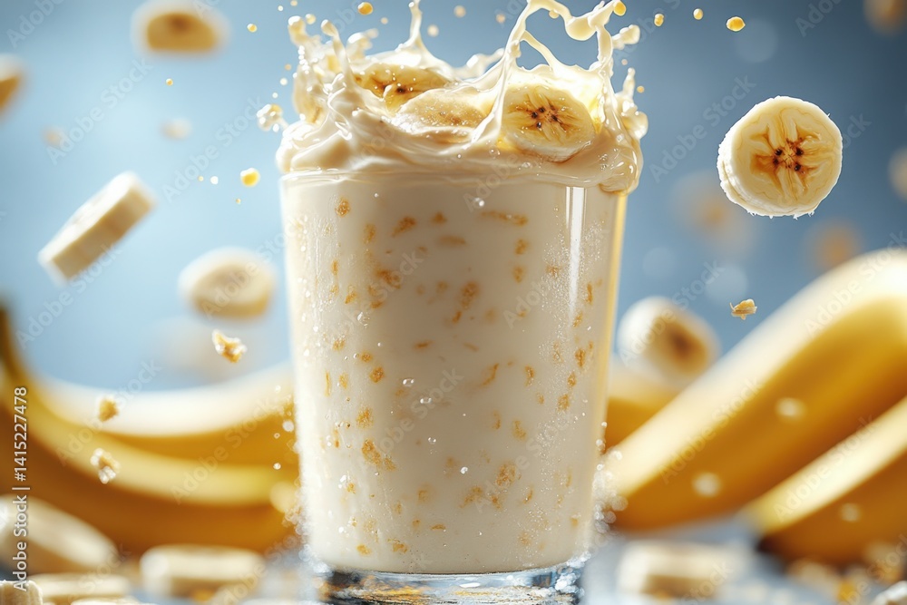 Poster Refreshing banana smoothie with splashing banana slices on a clean bright background