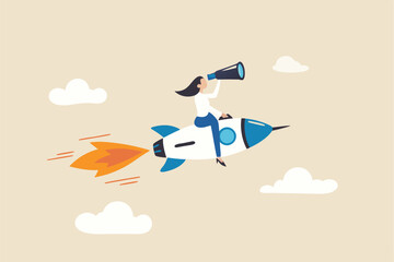 Woman entrepreneur, startup business or success small company, professional business management or female manager concept, confidence businesswoman riding rocket working on computer with telescope.