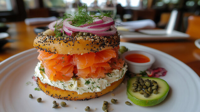 Fresh bagel sandwich with lox and capers