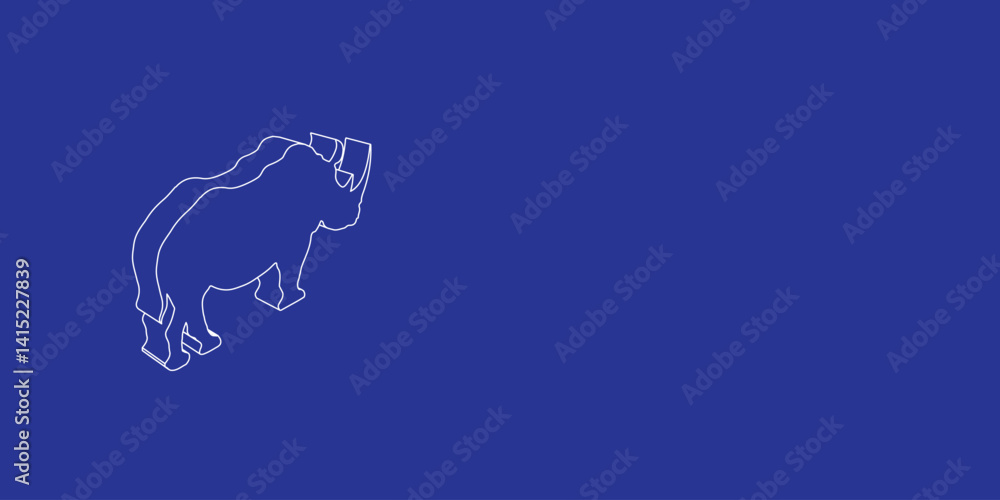 Poster the outline of a large rhino symbol made of white lines on the left. 3d view of the object in perspe