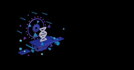 White dna symbol on a pedestal of abstract geometric shapes floating in the air. Abstract concept art with flying shapes on the left. 3d illustration on black background
