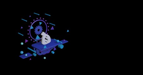 White bag of money symbol on a pedestal of abstract geometric shapes floating in the air. Abstract concept art with flying shapes on the left. 3d illustration on black background