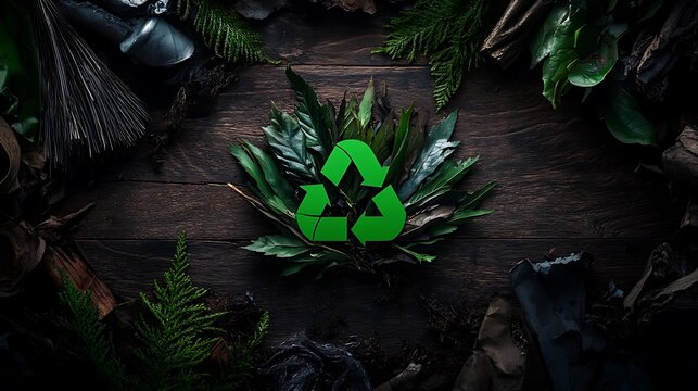 Recycled materials, surrounded by natural elements, symbolize sustainable practices.