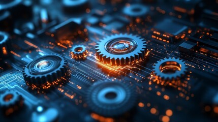 Futuristic digital circuit with glowing gears and mechanical elements
