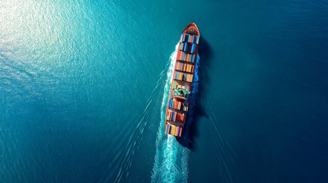 Top down aerial view of large cargo container ship sailing in open ocean. Concept of global transport, sea freight logistics, maritime trade, export import and commercial shipping route