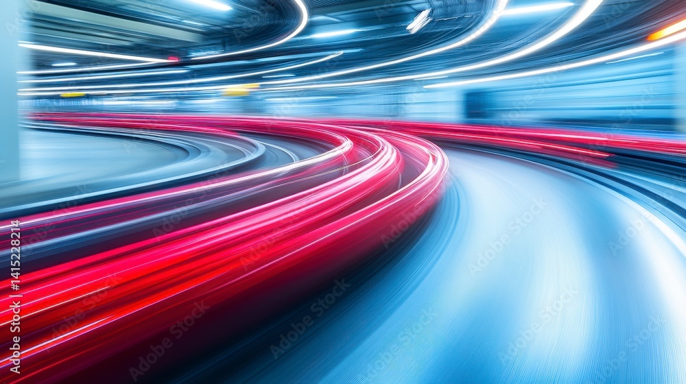 Poster abstract light trails of red and white curving on a blue surface, dynamic motion blur effect.