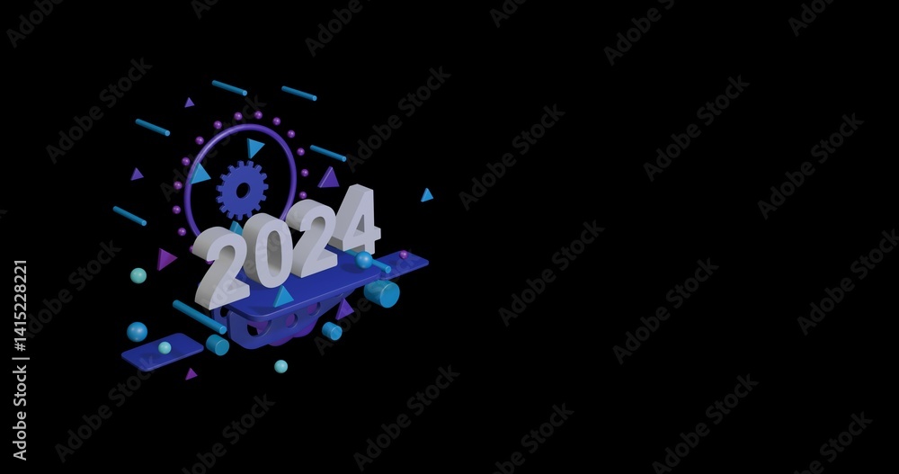 Poster white 2024 year symbol on a pedestal of abstract geometric shapes floating in the air. abstract conc