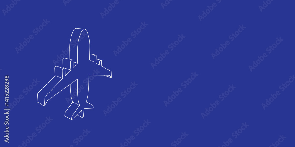 Poster the outline of a large airplane symbol made of white lines on the left. 3d view of the object in per