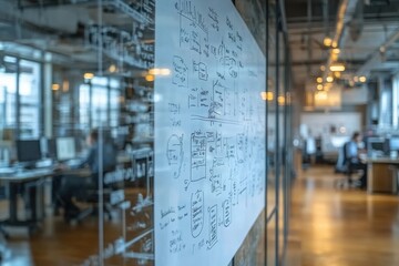 Whiteboard with brainstorming sketches in a glass-walled office with employees