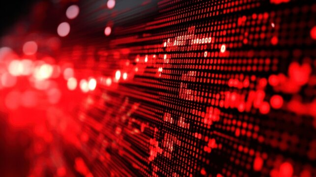 Abstract red digital data stream background with bokeh lights. Red matrix code pattern texture.