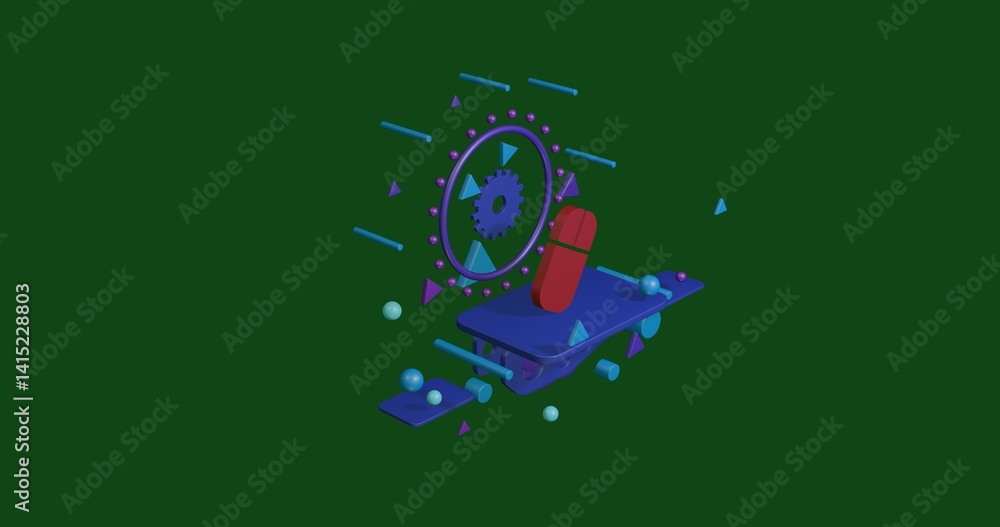 Poster red computer mouse symbol on a pedestal of abstract geometric shapes floating in the air. abstract c