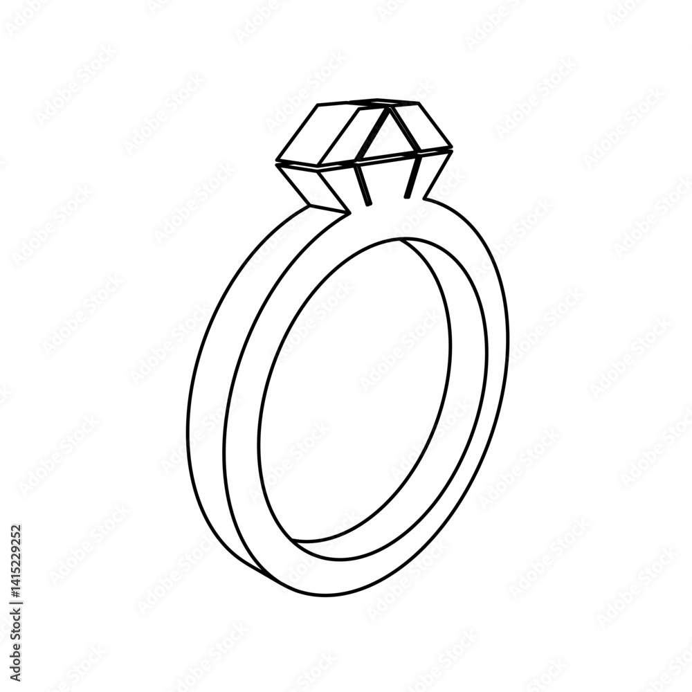 Poster the outline of a large diamond ring symbol is made with black lines. 3d view of the object in perspe