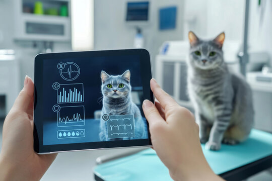 Hands holding a tablet with a smart health system for a cat, scanning its vitals. Cat on medical table in high-tech veterinary office