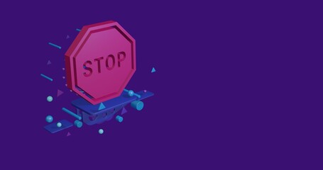 Pink stop road sign on a pedestal of abstract geometric shapes floating in the air. Abstract concept art with flying shapes on the left. 3d illustration on deep purple background