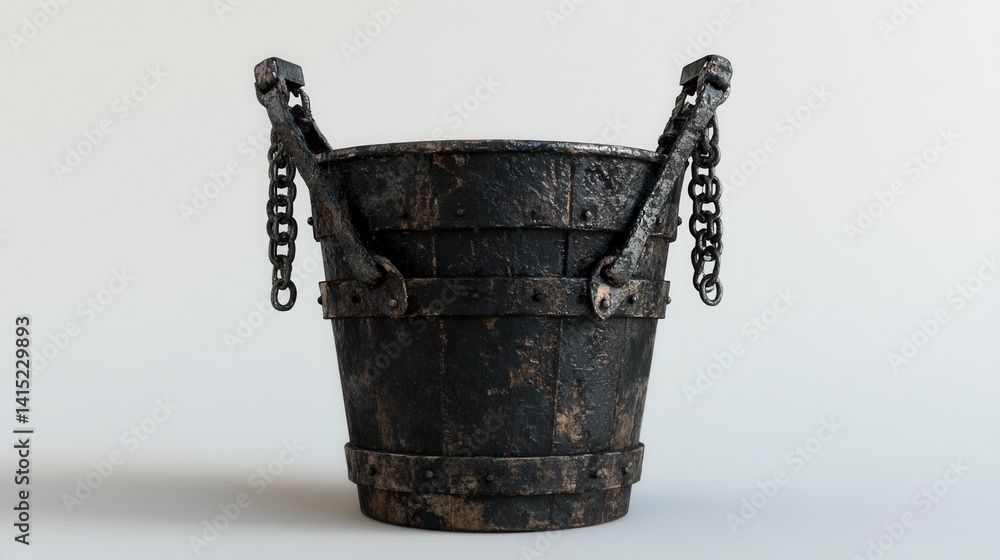 Poster aged rustic bucket with metal chains and straps against a neutral background
