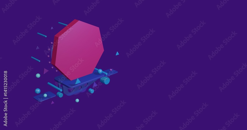 Poster pink heptagon symbol on a pedestal of abstract geometric shapes floating in the air. abstract concep