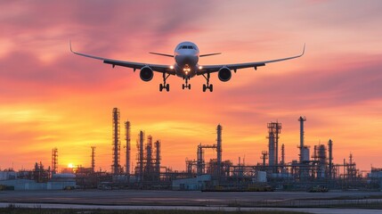 Airplane landing against a vibrant sunset, with an industrial refinery in the background.