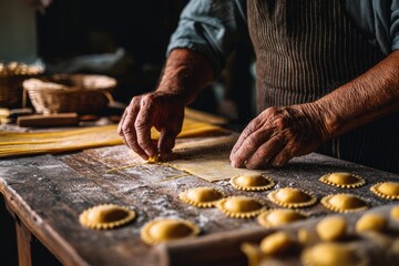 An artisan Italian pasta maker working with dough and shaping ravioli by hand