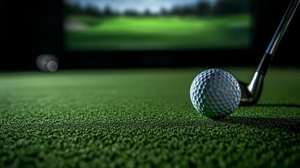 Golf ball and club on green surface, indoor setting