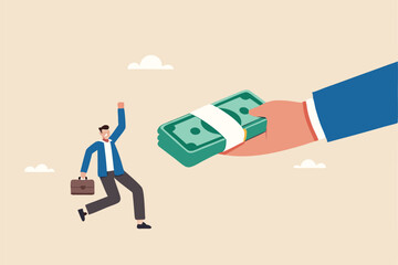 Getting paid, salary, wages payment or bonus, reward or employee benefits, tax refund or investment profit earning, loan or mortgage concept, business man hand giving money banknote to happy employee.