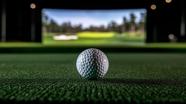 Golf ball on green practice mat, virtual course