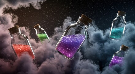 Colorful bottles float among swirling clouds in a magical night sky