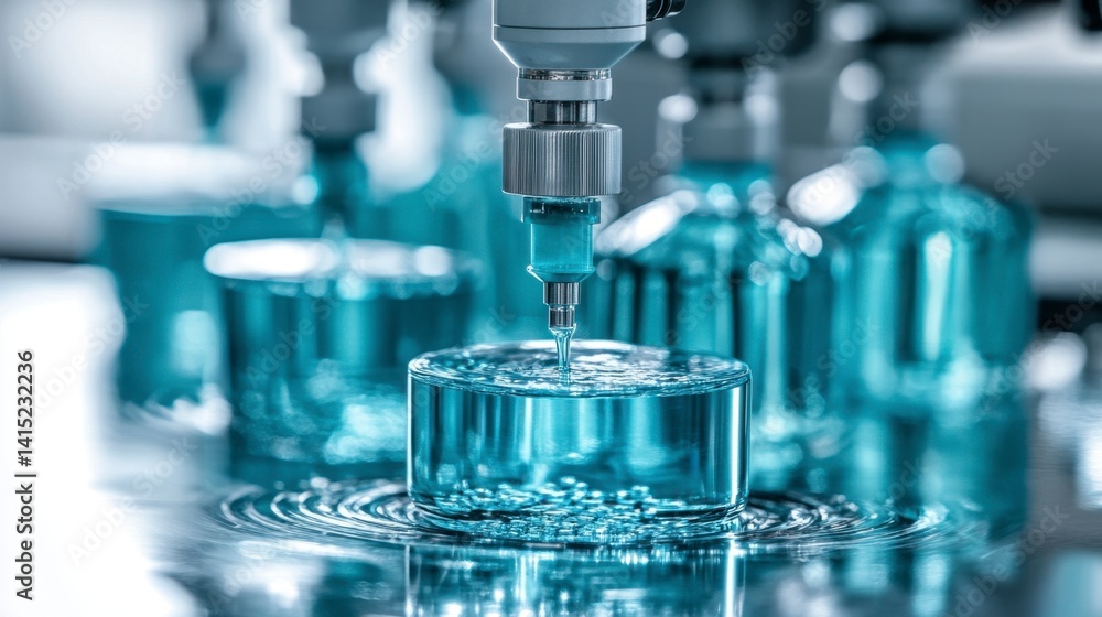 Poster automated precision liquid dispensing into clear cylindrical containers on a reflective surface. clo