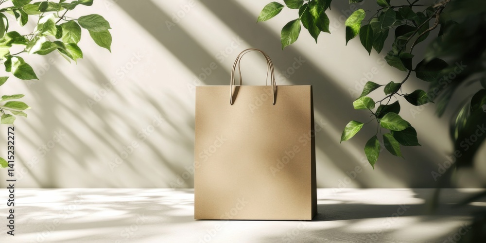 Aufkleber plain paper bag surrounded by greenery against a soft light backdrop in a tranquil setting