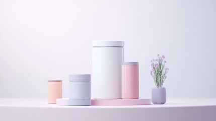 Pastel-toned containers and plant on a podium, minimalist aesthetic