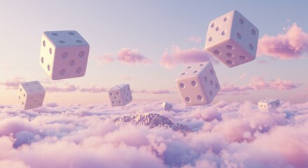 Floating dice create a whimsical scene above colorful clouds at sunset