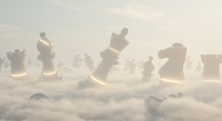 Giant illuminated chess pieces amidst clouds create a surreal landscape