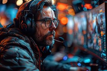 Obraz premium commentator and analyst discussing strategies and gameplay during a live esports broadcast