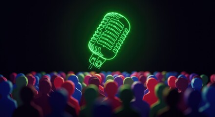 Crowd gathers for vibrant music performance with neon microphone display