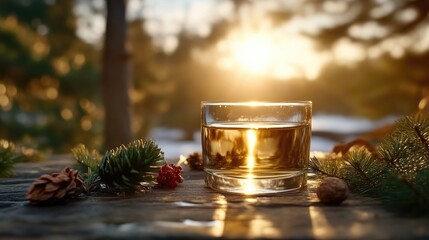 Golden drink in a glass, nestled in a winter forest scene.  Sunlight streams through the trees, highlighting the amber liquid.  Cones, twigs and berries add a touch of nature to the scene