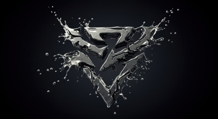 Water splashing around a sleek metallic logo in a dark environment