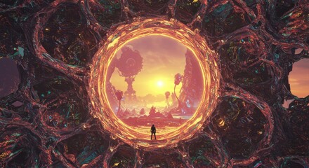 Breathtaking view of a surreal landscape at sunset through an ethereal portal