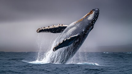 Fototapeta premium A majestic humpback whale breaches the ocean surface a breathtaking spectacle of nature s power and grace under a dramatic overcast sky with powerful on transparent background