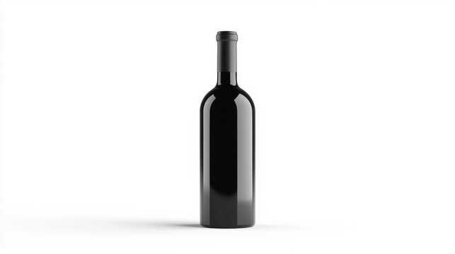 Single black wine bottle on white background, studio shot.