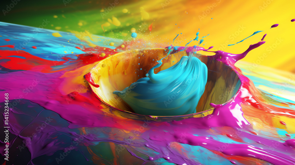 Poster a mesmerizing splash of colorful paint erupts in a swirling pool, showcasing dynamic motion and vivi