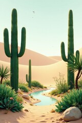 Serene Desert Oasis A Gentle Creek Winds Through Towering Cacti and Lush Desert Flora Under a Calm Sky