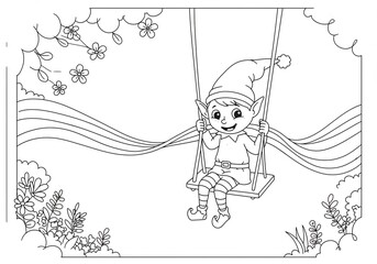 Obraz premium Happy Child Swinging Line Art Illustration