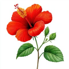 Vibrant Red Hibiscus Flower Botanical Illustration