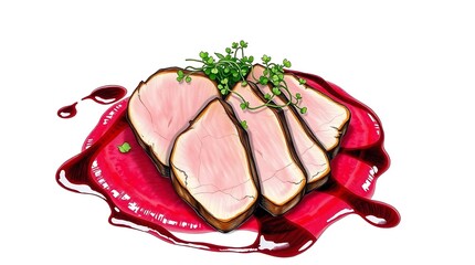 Sliced pork tenderloin with red sauce and green garnish illustration