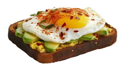 Avocado toast with poached egg and chili flakes, modern summer brunch, white background, PNG format