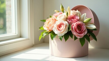 Delightful pastel roses and lilies in a pale pink hatbox, bathed in sunlight on a windowsill