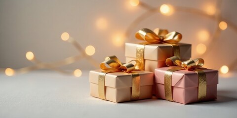 Elegant pastel gift boxes with gold ribbon bows, illuminated by soft warm lights, symbolize celebration and thoughtful presents
