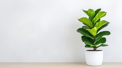 Fiddle leaf fig plant in white pot on light wood surface